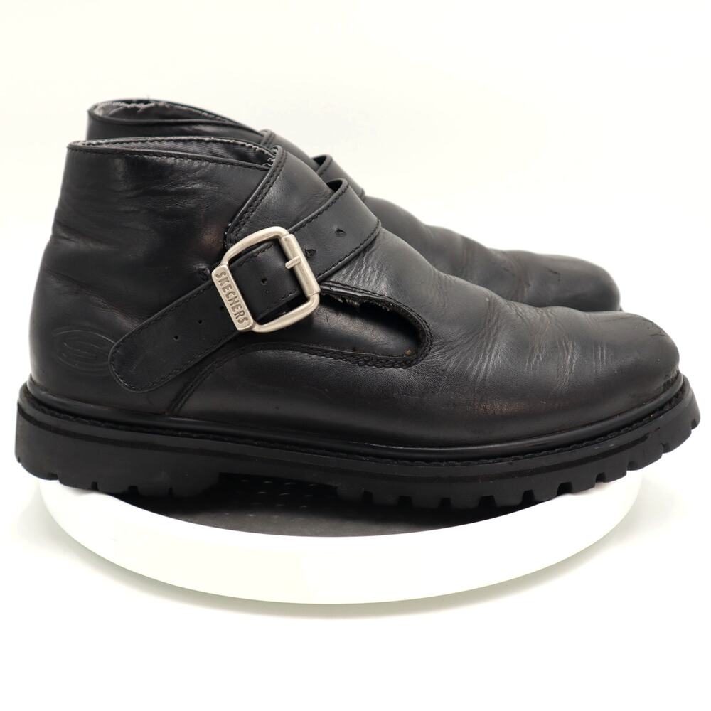 Vintage Skechers Moto Boots Mens Size 11 Black Leather Chunky Buckle Strap Y2K